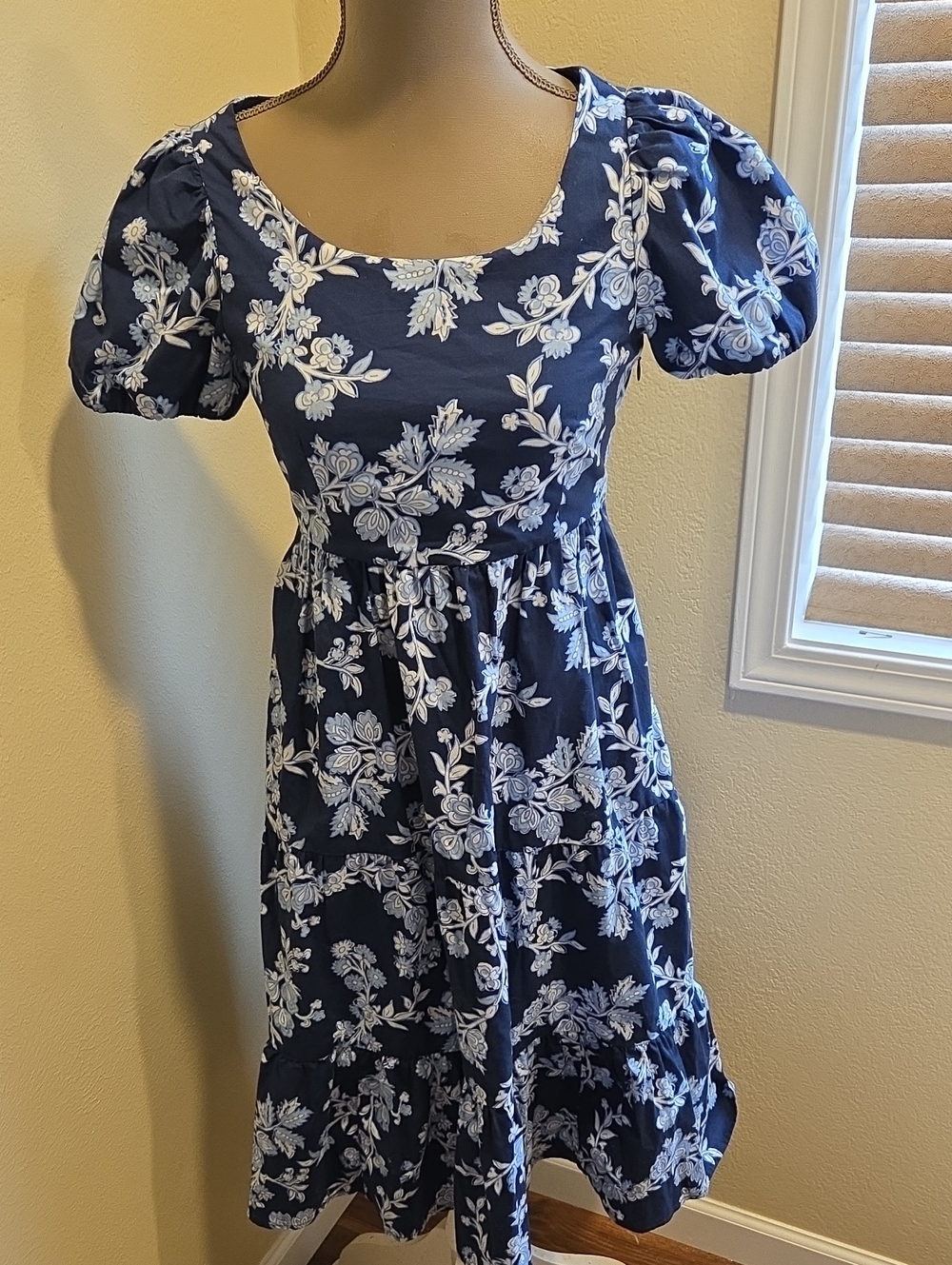 J Crew Navy Floral Puff-Sleeve Dress
